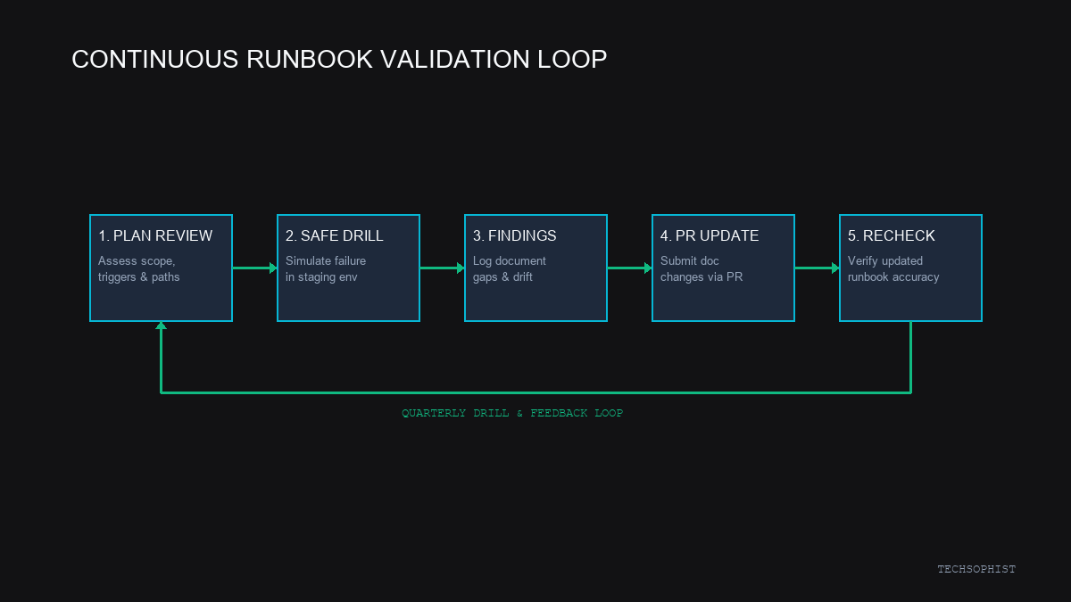 Five-step loop for reviewing, testing, updating, and rechecking a technical runbook.