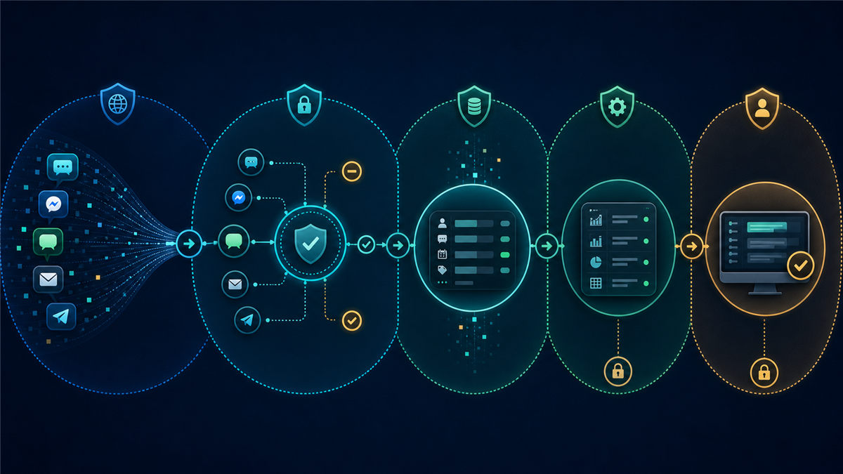 Privacy boundary map for a social messaging workflow covering channel data, automation fields, business systems, and human review.