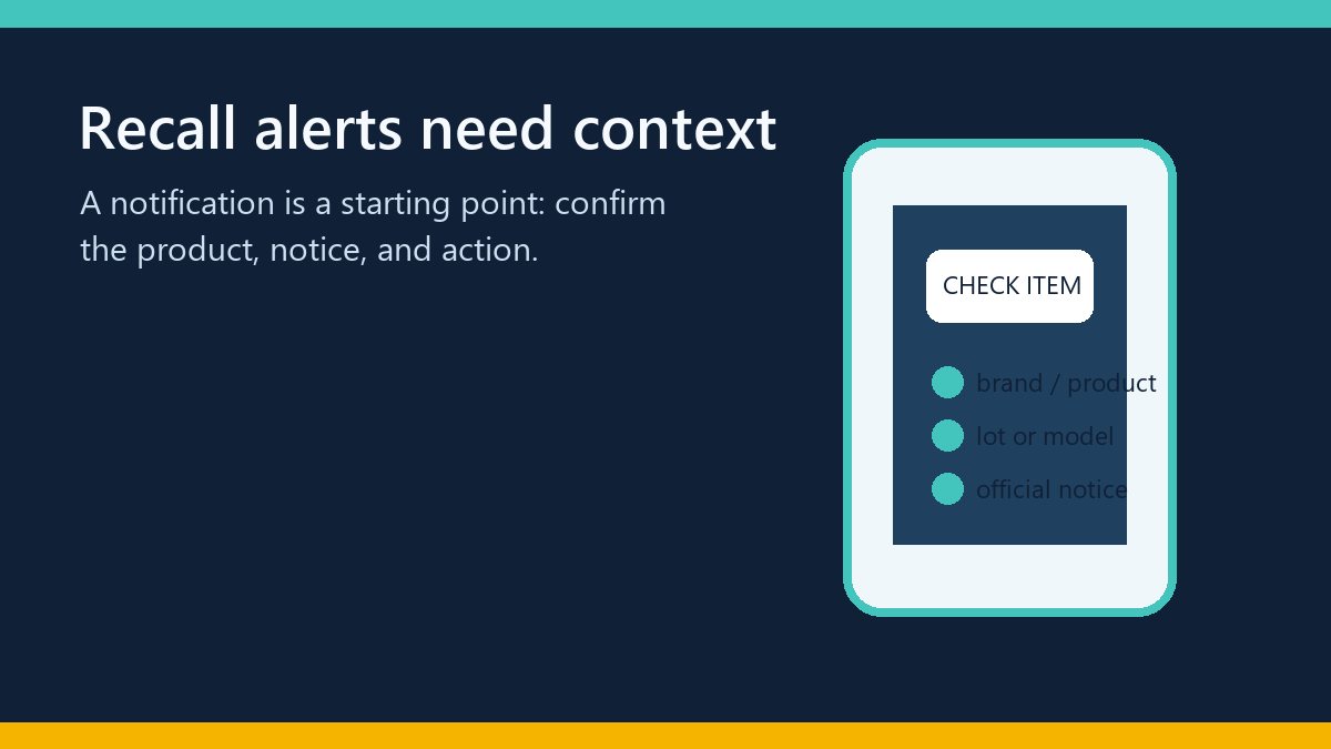 Phone displaying a recall alert beside a product identification checklist
