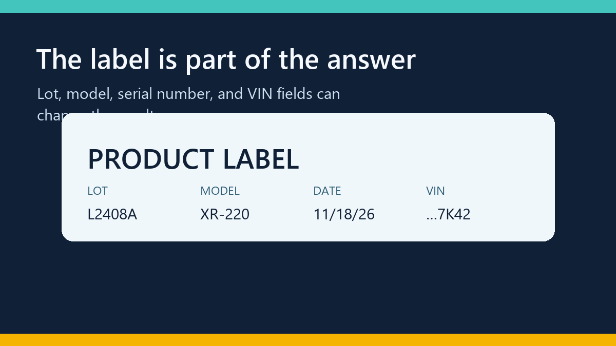 Close-up illustration of a label with lot code, model number and VIN fields marked for checking